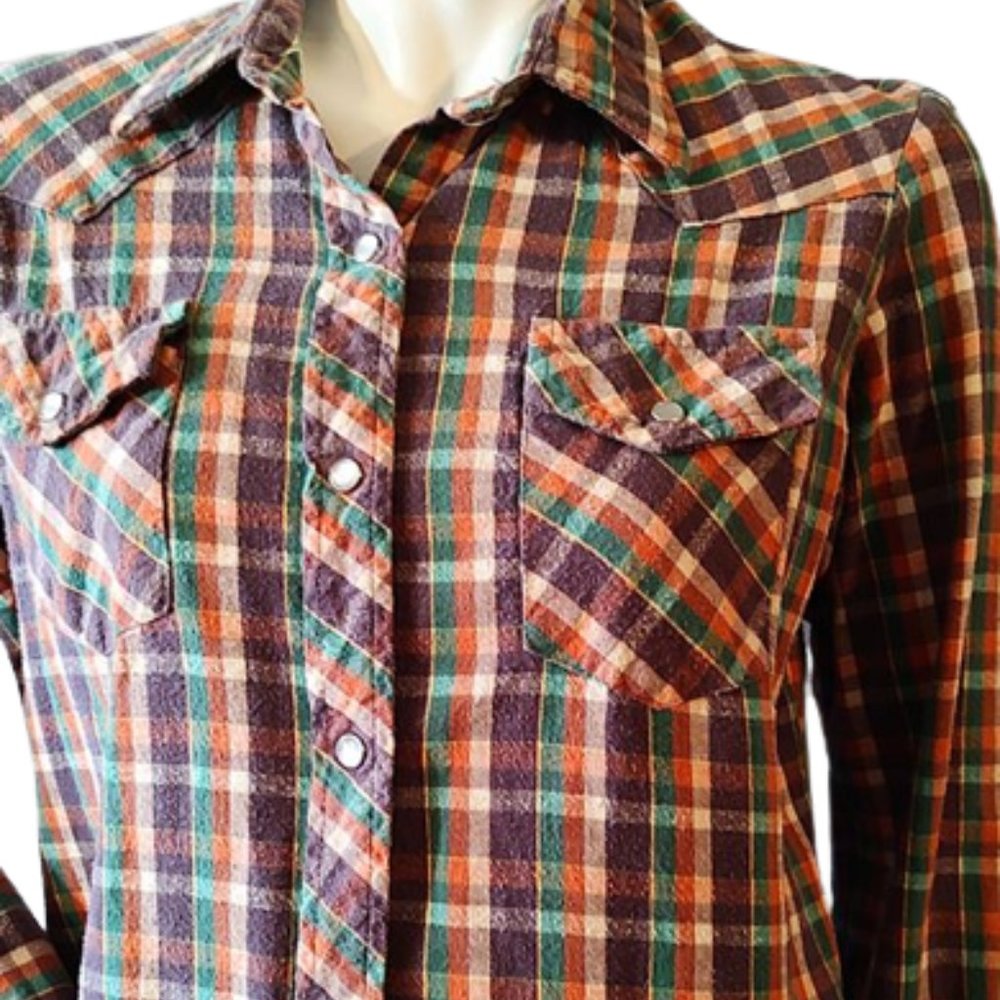 1970s True Vintage Brown Plaid Western Cotton Flannel Shirt Top With Pearl Snaps - Picture 2 of 5